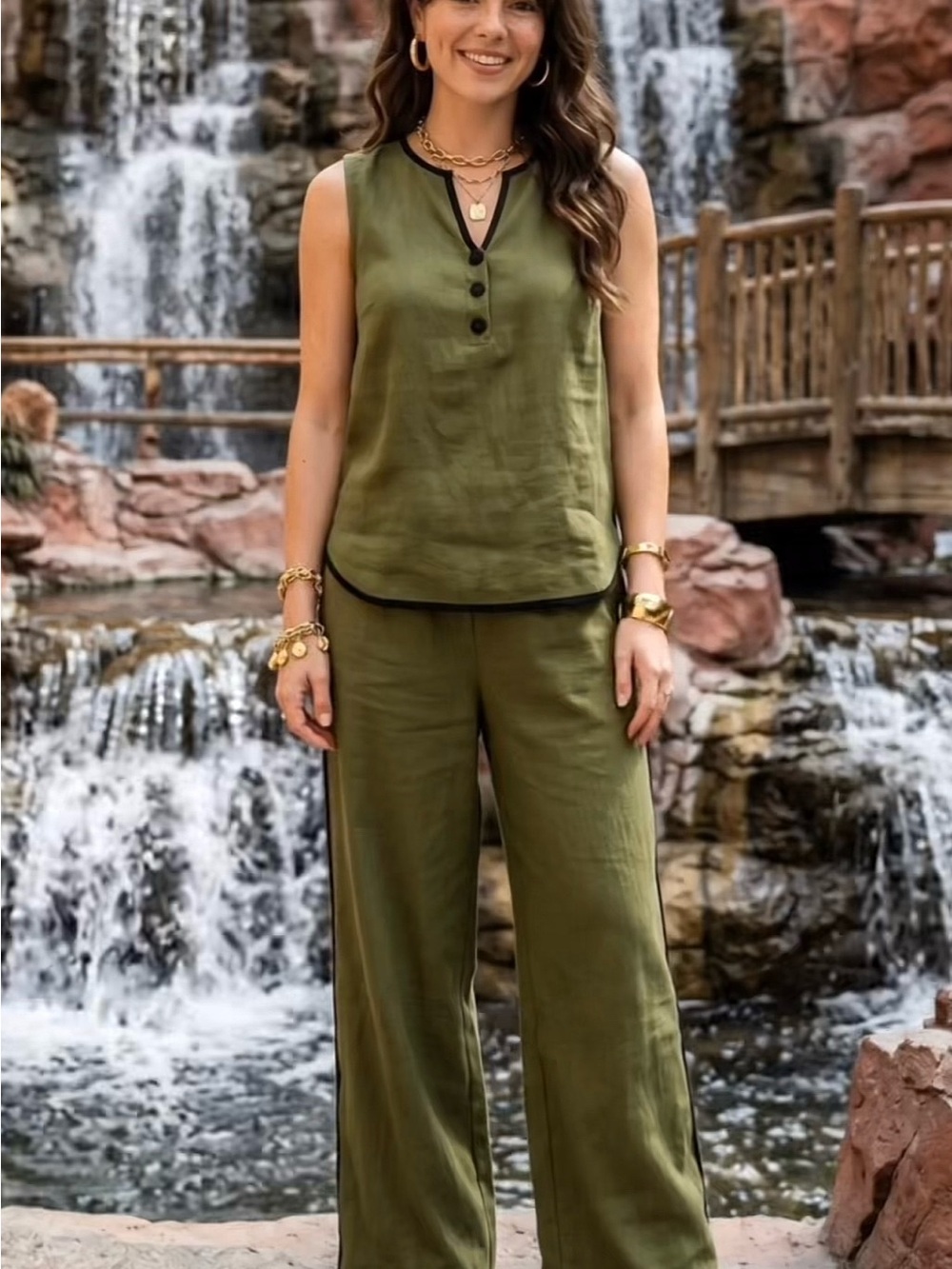 Olive Green Sleeveless Linen-Blend Track Pants Set XL